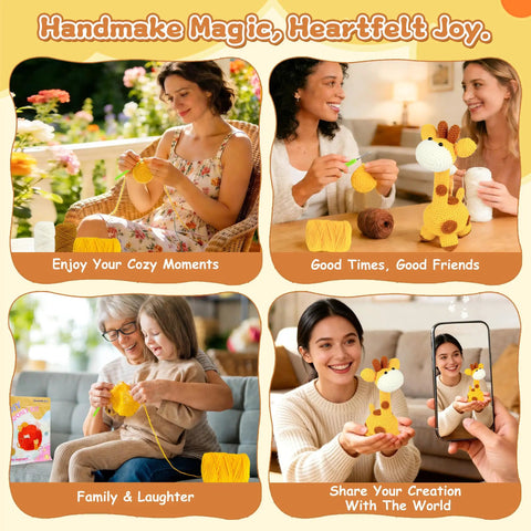 Adults and children using Beginner Crochet Kit For Adorable Giraffe Toy Made Easy And Fun With Yarn Hook And Video Tutorial.