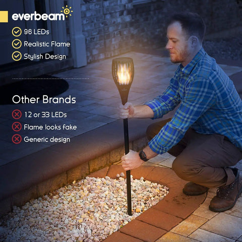 Man installing Solar Torch Light With Realistic Flickering Flame, Waterproof Outdoor Tiki Torches with 96 LED Bulbs in garden.