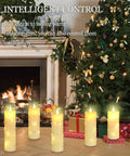 Five ivory flameless candles with embedded string lights near a Christmas tree and fireplace, Flickering Flameless Candles With Embedded String Lights, Battery Operated 5 Pack Ivory, Remote Control And Timer, Real Wax Look For Cozy Vibes And Home Decor Ideas.
