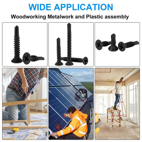 205 Pieces Black Flat Head Self Drilling Screws Set For Metal And Woodworking shown in various applications on construction projects