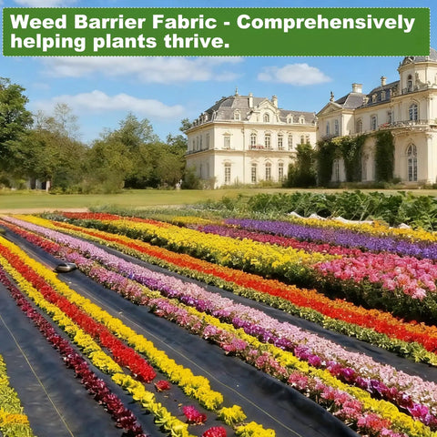 Garden with flowers using Heavy Duty Weed Barrier Fabric 3.2oz Polypropylene For Garden Beds And Landscape, under colorful blooms