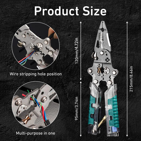 All In One Pliers With Screwdriver And Wire Stripper Folding Design Cr V Steel, size details, and wire stripping features shown