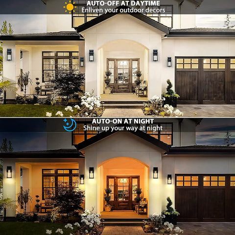 Day and night view of house with Dusk To Dawn Outdoor LED Wall Light With Crystal Glass 10W 480LM IP23 Patio illuminating entrance.