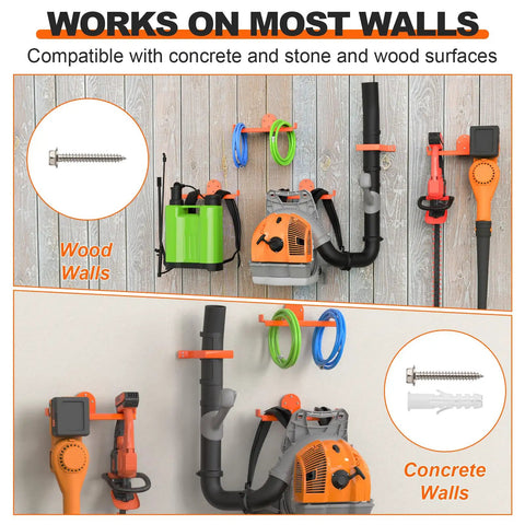 Backpack Blower Rack Wall Mount 4 Pack Heavy Duty Steel Holder With Hose Hook And Rubber Coated Guard No Wobble Secure Storage For Leaf Blowers Ideal For Home Garages And Pro Landscaping. mounted on wood and concrete walls