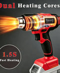 Straight Up Heavy Duty Cordless Heat Gun With Digital LCD Display And 350W Rapid Heating Power showing dual heating cores and fast heat feature.
