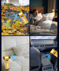 Turbo Charged No Fuss 130000 RPM Electric Air Duster in various uses: leaves, reading light, sofa cleaning, car interior