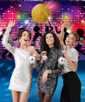Throwback Disco Backdrop For 70s 80s 90s Parties, Neon Night Photo Booth Background Banner, women posing with disco balls