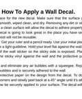 Instruction guide on How to Apply a Wall Decal with six detailed steps for proper application and removal.