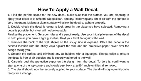 Instruction guide on How to Apply a Wall Decal with six detailed steps for proper application and removal.