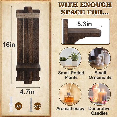 Handmade Paulownia Wood Candle Sconces Set Of Two Vintage Rustic Farmhouse Wall Decor showing 16in height and 4.7in base for candles.