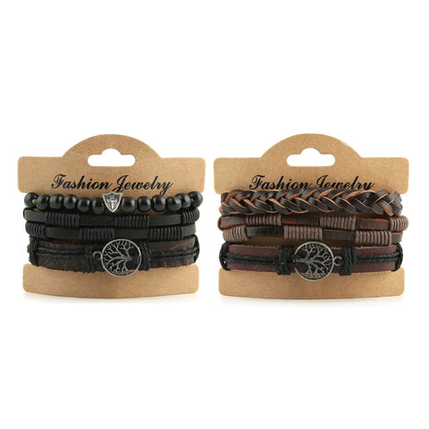 Genuine Leather Tree Of Life Bracelet For Men And Women Featuring A Dope Growth Symbol That Rocks With Any Fit Made Into A Hella Legit Gift For Birthdays Or Anniversary Dates, showcasing two sets of woven leather bracelets.