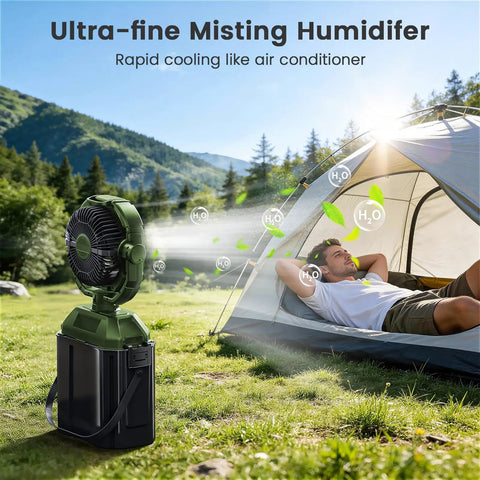 Portable Misting Fan With Four Mist Sprayers Rechargeable 9 Inch Oscillating Camp Fan USB Battery Power Bank cooling tent outdoor