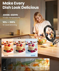 Woman using Ultra Flexible Overhead Ring Light With Desk Mount And Hands Free Phone Holder 10 Inch Selfie Light for cooking video.