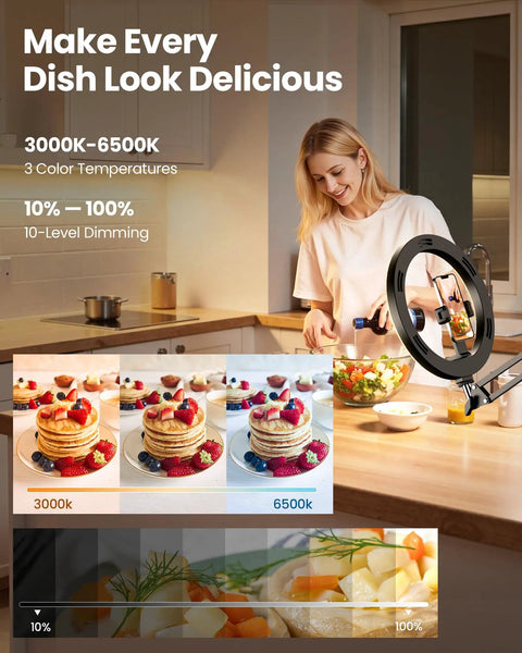 Woman using Ultra Flexible Overhead Ring Light With Desk Mount And Hands Free Phone Holder 10 Inch Selfie Light for cooking video.