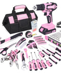 Pink 232-Piece Drill Set With 20V Cordless Drill Driver And Home Tool Kit For Women, with storage bag, hammer, and tools.