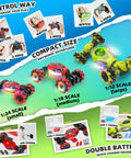 XUERENTECH RC stunt cars set: gesture-sensing 4WD vehicles at 1:12 (green), 1:18 (red), 1:24 (red) with LED lights.