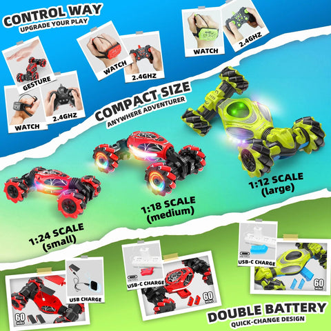 XUERENTECH RC stunt cars set: gesture-sensing 4WD vehicles at 1:12 (green), 1:18 (red), 1:24 (red) with LED lights.