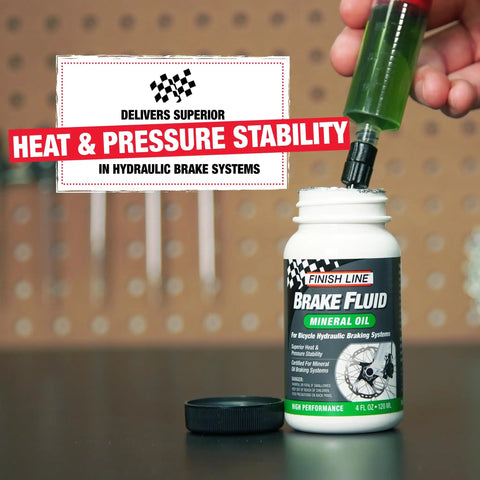 Mineral Oil Bicycle Brake Fluid For Hydraulic Disc Brakes With Low Viscosity For Smooth Lever Feel Quick Pad Return Long Lasting Performance Four Ounce Bottle Pro Grade Bike Maintenance Essential bottle and syringe