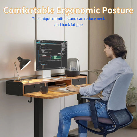 Rustic Brown Electric Standing Desk 48x24 Inches For Short People Adjustable Height 18.1 To 28.3 Inches With Storage Shelf And Fabric Drawers Perfect Low Rise Home Office Table Splice Board Design used for ergonomic posture.
