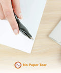 Hand using Office Staple Remover With Magnetic Pick Up, Ergonomic Push Style, lifting staple without tearing paper.