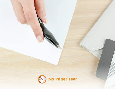 Hand using Office Staple Remover With Magnetic Pick Up, Ergonomic Push Style, lifting staple without tearing paper.
