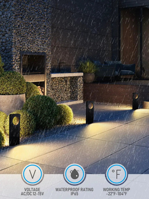 LED Low Voltage Pathway Lights Pack Of 4, 12V AC/DC Landscape Lighting With Anti Glare Dual Side Glow illuminating a modern outdoor patio