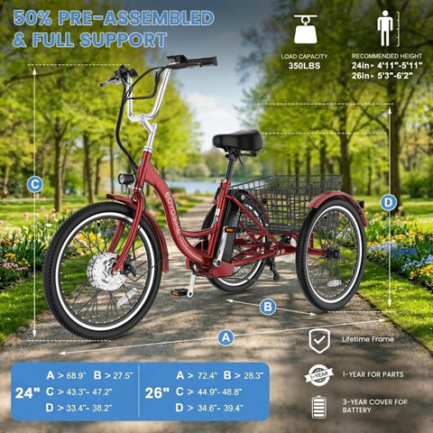 Stable Three Wheel Electric Tricycle For Adults And Seniors 350W Motor Seven Speed Easy Ride For Neighborhood Cruising Grocery Trips Comfortable Low Step Through Design, red 26-inch frame with cargo basket