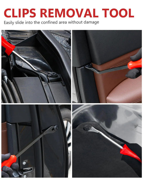 3-Piece Auto Fastener Remover Tool Kit for Car Door Panels and Dashboards in use, showing red handles and trim removal
