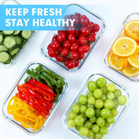 Top view of Five Pack 36 Oz Glass Meal Prep Containers With Airtight Lids BPA Free Glass Lunch Storage Set with fruits and vegetables.