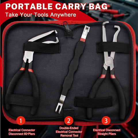 3 Piece Automotive Electrical Connector Pliers And Terminal Pin Removal Tool Set in carry bag for car push-tab style plugs