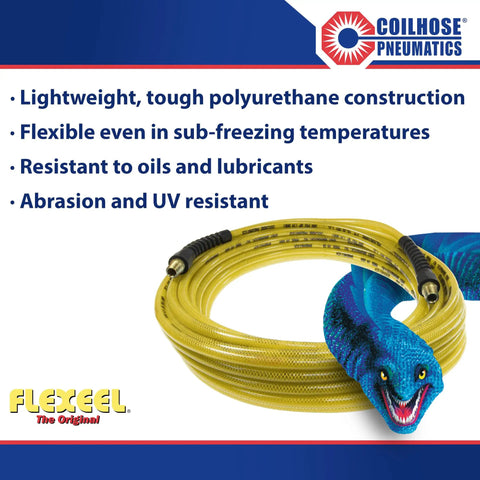 Coilhose Pneumatics Pro Grade Heavy Duty Reinforced Polyurethane Air Hose 3 Eighths Inch ID, 100 Feet Long, Transparent Yellow
