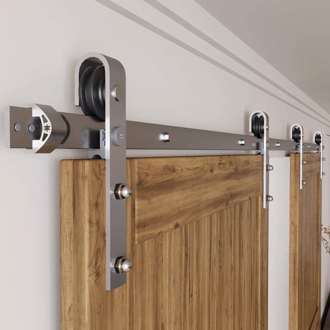 Brushed Nickel Non-Bypass Sliding Barn Door Hardware Kit For Double Doors, 10ft Long Flat Track, Classic Roller Design