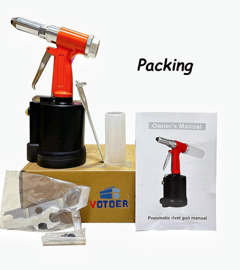 Votoer Air Rivet Gun Hydraulic Pneumatic Riveter Tool Set With One Hand Operation, packed with accessories and manual.