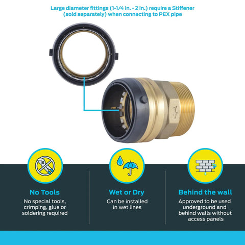 Close-up of One Half Inch MNPT Push To Connect Brass Plumbing Fitting for PEX shown with installation features