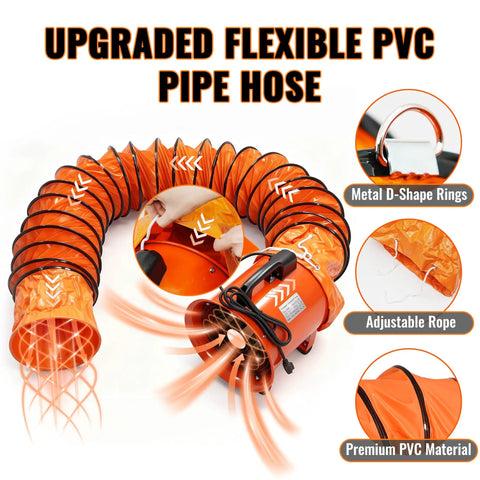 Upgraded 10 Inch Utility Blower Fan With 33 Foot Flexible Duct Hose Portable Industrial Exhaust Vent showing PVC hose and components