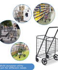 Foldable Utility Shopping Cart With Double Baskets For Grocery And Laundry, Portable Wagon Cart On Wheels in various settings