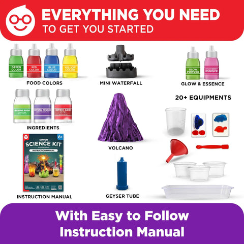 Hands On Science Kit For Kids Ages 8 To 12 With 100 Plus Chemistry And STEM Experiments Geyser Tube Ideas For Boys And Girls Educational Projects That Make Learning Fun displayed with components and manual