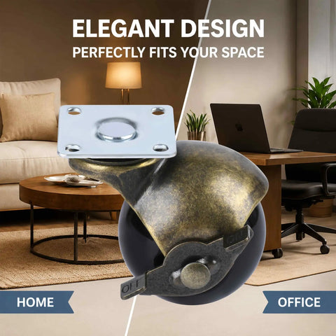 Heavy Duty Swivel Furniture Casters With Brake Set Of 4 Tough 2 Inch Ball Wheels Knockout Antique Brass Plate mounted on furniture.