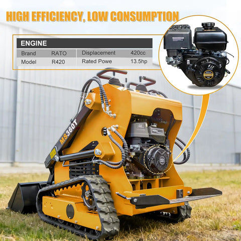 Mini Crawler Skid Steer Loader With 13.5HP EPA RATO Gasoline Engine Stand On Compact Loader 42 Inch Bucket front view outdoors