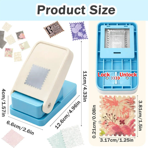 Big 1.5 By 1.25 Inch Stamp Punch For Scrapbooking And Card Making showing product dimensions and stamp cutouts.