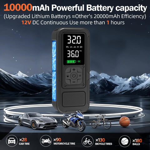 Portable Tire Inflator Air Compressor With Digital Pressure Gauge And LED Light in front of car, bike, and ball.