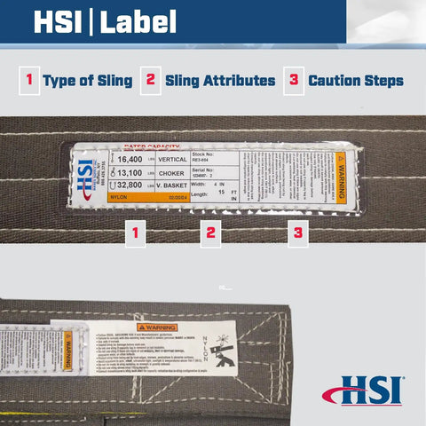 Three Ply 4 Inch By 15 Foot Reversed Eye Nylon Type 6 Sling For Lifting And Towing 16,400 Lb Vertical Capacity Heavy Duty Load Sling With Cordura Protection Beefy Nylon Web Sling Built For Tough Jobs. Sling label close-up