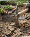 2-In-1 Garden Hoe And Pickaxe Heavy Duty Weeding And Digging Tool with wood handle breaking soil in garden bed