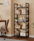 Heavy Duty Five Tier Bookshelf With Thick Wood Panels And Steel Frame Modern Tall Narrow Bookcase displaying books and decor in a compact home office.