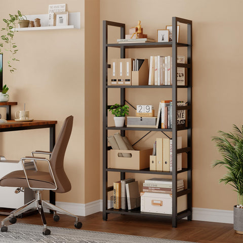 Heavy Duty Five Tier Bookshelf With Thick Wood Panels And Steel Frame Modern Tall Narrow Bookcase displaying books and decor in a compact home office.