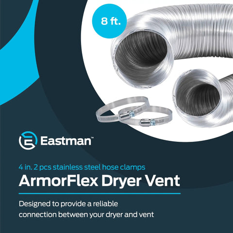 ArmorFlex Dryer Vent 8 Foot Flexible Aluminum Duct with Clamps Semi-Rigid Fire Resistant Laundry Vent Tubing for Dryers