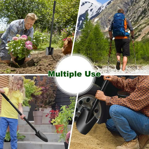 Long Handled Metal Shovel Workhorse For Digging And Gardening 43.3 Inch Heavy Duty Spade Shovel shown in various outdoor uses