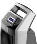 High Velocity Oscillating Tower Fan With Remote Timer and 3 Speed Settings, control panel close-up, sleek silver and black design