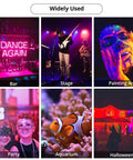 Collage of UV black light uses: bar, stage performance, glow art, party, aquarium, Halloween, with Two Pack 30W UV Black Lights