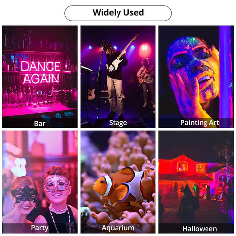 Collage of UV black light uses: bar, stage performance, glow art, party, aquarium, Halloween, with Two Pack 30W UV Black Lights